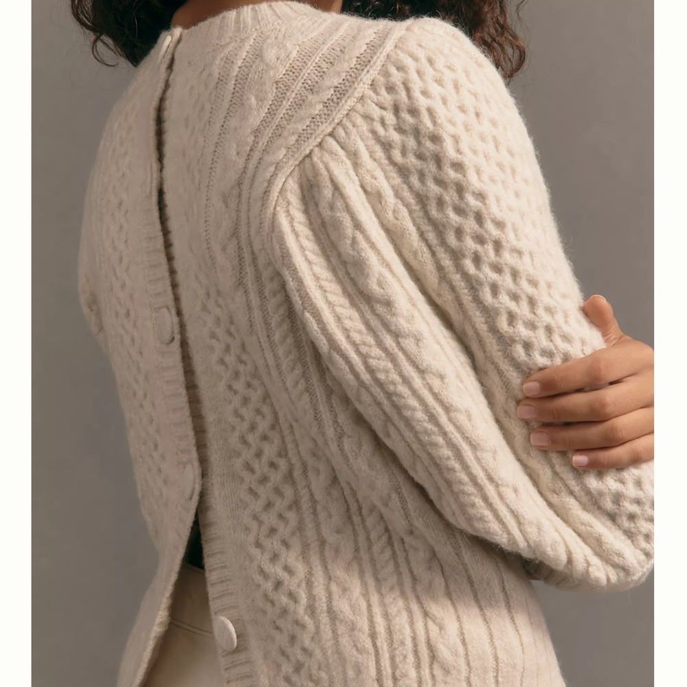 Maeve Puff-Sleeve Crew-Neck Cable-Knit Sweater - Picture 2 of 3